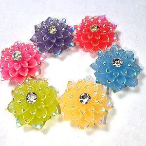 以下が含まれることがあります： 七つのカラフルな花の形をした装飾品のコレクション。各花は中央にラインストーン、縁は虹色。ピンク、紫、赤、青、黄色、緑の色があり、円形に配置されています。