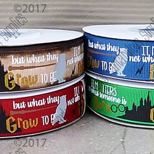 May include: Four spools of decorative ribbon in various colors, each featuring a quote and imagery. The ribbons are brown, red, blue, and green, with gold and white text and illustrations of a wand, owl, and castle.