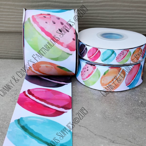 Double côté Ribbon Macaroons sur Grosgrain - 3 largeurs 7/8 », 1,5 » ou 3 » - US Designer Printed Ribbon - 1yd