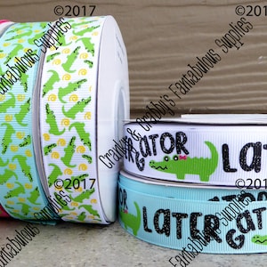 Later Gator Print 7/8 inch width    - US Designer Printed Ribbon - 1yd - Alligator Scatter, crocodile