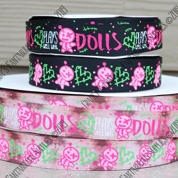 7/8" Voodoo Dolls - Plays Well With Dolls -   US Designer Printed Ribbon - 1yd - Horror - Halloween