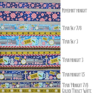 Polar Christmas  - Train   - US Designer Printed Ribbon - 3 sizes - 3 inch, 1.5 inch, 7/8 inch  - 1yd - Golden Ticket, Train Tracks