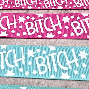 May include: Close-up of several ribbons with the word "BITCH" in white block letters. The ribbons are in shades of pink and teal, with white star accents. The ribbons are arranged horizontally.