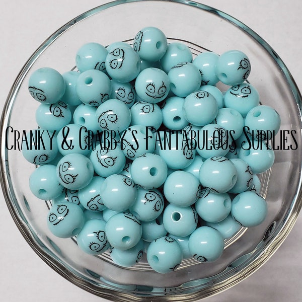 I  12mm Solid Aqua Sally Face Print  Beads  -  Chunky Necklaces - Set of 20 -  small beads - Nightmare