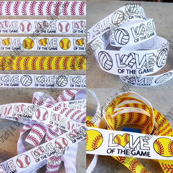 7/8" For the Love of Sports   - US Designer Printed Ribbon - 1yd - Volleyball, Softball, Baseball