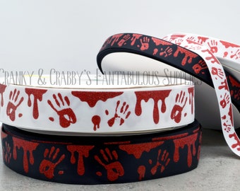 v Bloody Handprints  - Red Glitter on Black or White - US Designer Printed Ribbon - 1yd Horror Movie, Blood Splatter, Slasher -7/8 or 1.5 in