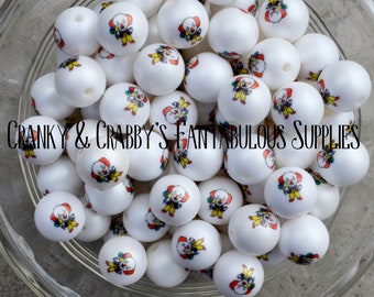 I  12mm Sewer Clown Print on Matte Pearl Beads  -  Chunky Necklaces - Set of 20 -  small beads - Evil Clown