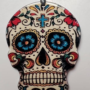 Large Patterned Sugar Skull Pendant - Laquered- Chunky Necklaces - 76mm x 60mm