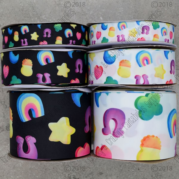 Heat Set Marshmallow Lucky Charms in White or Black  - US Designer Printed Ribbon -  1yd - 3 sizes  7/8, 1.5, and 3 inch   - St Patricks Day