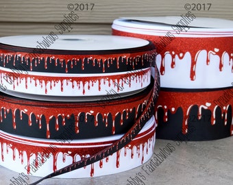 3D Blood Drips - Red Glitter on Black or White - US Designer Printed Ribbon - 1yd Horror Movie, Blood Splatter, Slasher -7/8, 1.5, or 3 inch