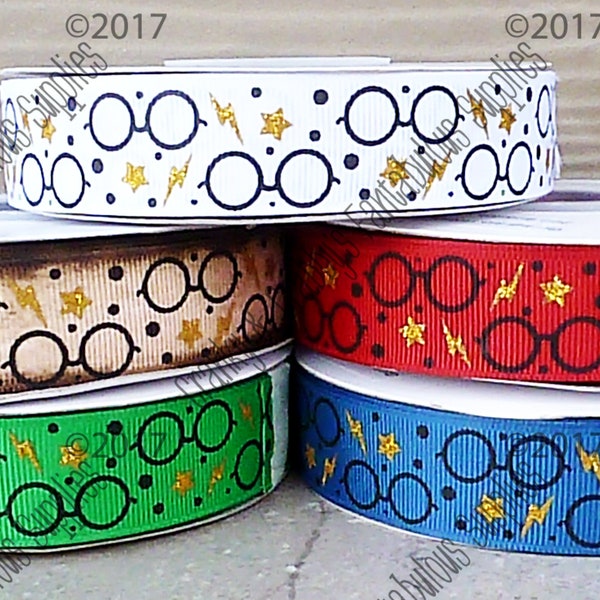 7/8" Eye Glasses - Lightening Bolt Boy Wizard Inspired   - US Designer Printed Ribbon - 1yd - Glitter