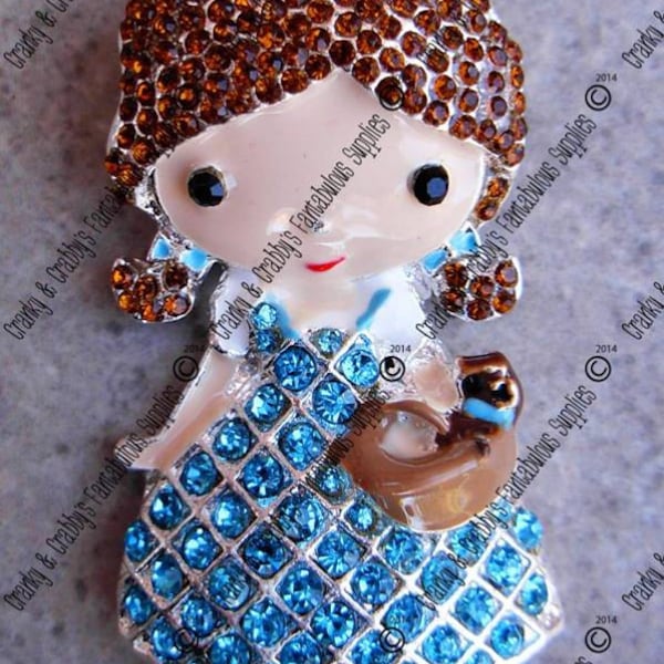 Original Design Dorthy and Toto Rhinestone Pendant -  53mm x 27mm - Colored enamel on silver metal with rhinestones wizard of oz