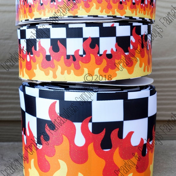 Screen Print Flames On Checkered Background - Ink print with Glitter  - US Designer Printed Ribbon - 3 sizes 7/8 inch, 1.5 in or 3 in - 1 yd