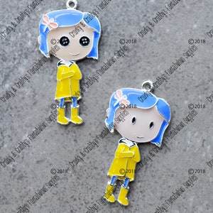 Button Eye Doll - Enameled Pendant  -  Chunky Necklaces - 50mm x 28mm - Halloween  Rag Doll with Button Eyes