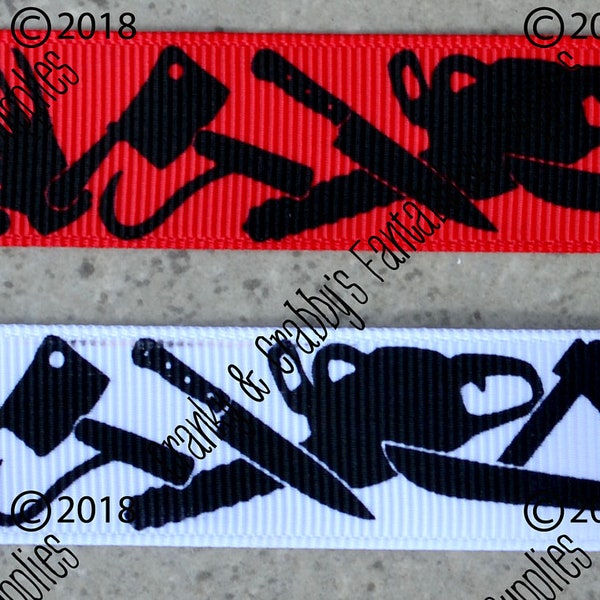 Murder Weapons Ribbon -    US Designer Printed Ribbon - Horror - Hatchet, Machete, Chainsaw, Knife - Black Foil on Red or White background