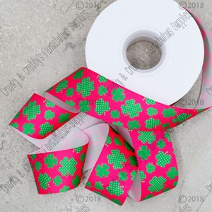 Lucky Dotted Clover HOT PINK - US Designer Printed Ribbon - 1yd - 3 maten 7/8, 1.5 en 3 inch - St Patricks Day
