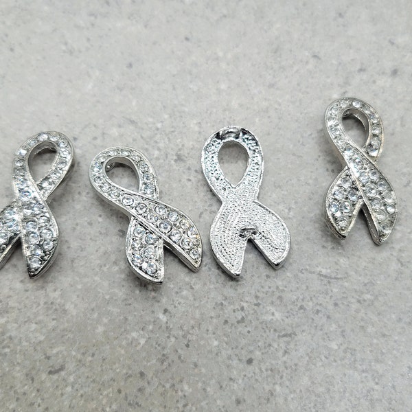 CLEARANCE  Clear Awareness Ribbon Bracelet Links - set of 4-   40mm x 25mm   - Clear Crystal Rhinestone and silver metal - Charm