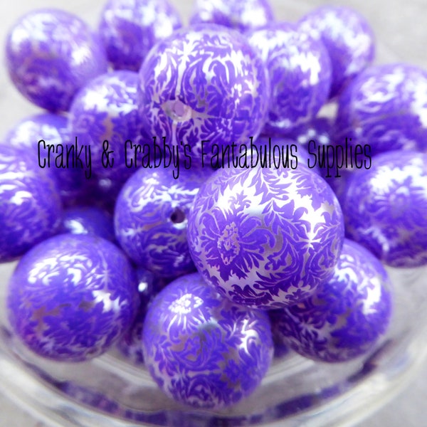 I 20mm Resin Gumball Damask Beads PURPLE -  Chunky Necklaces - Set of 10