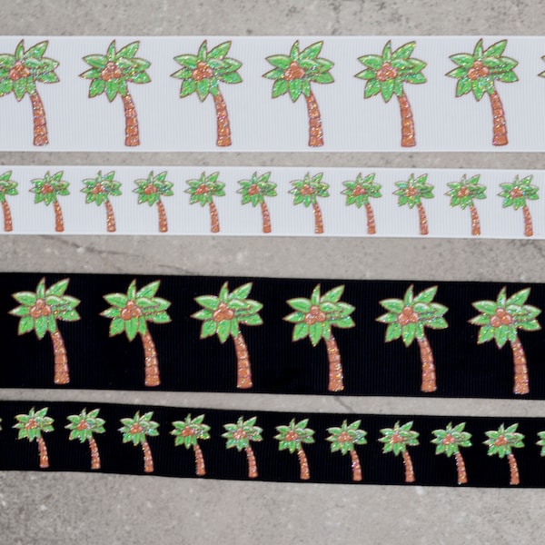 Palm Tree Screen Printed  Ribbon    - US Designer Printed Ribbon -   7/8 inch, or 1.5 inch - Summer Beach Fun - Glitter