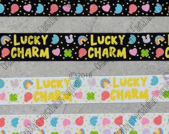 GLITTER  Ink Screen Print Lucky Charms in White or Black  - US Designer Printed Ribbon -  1yd -  7/8 inch  - St Patricks Day