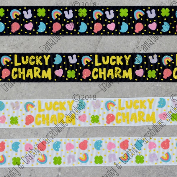 GLITTER  Ink Screen Print Lucky Charms in White or Black  - US Designer Printed Ribbon -  1yd -  7/8 inch  - St Patricks Day