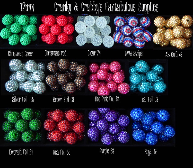 SMALL 12mm Resin Rhinestone Beads set of 20-38 Colors to Choose From Focal Bead
