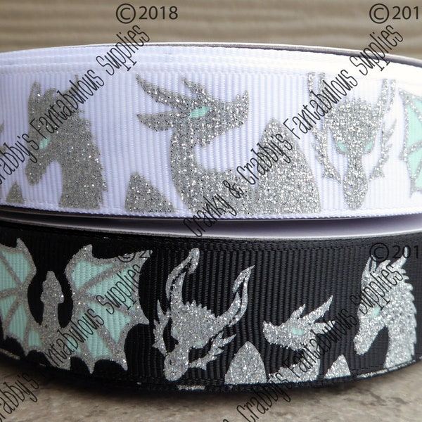 7/8" Dragon - Gothic - Silver Glitter  - US Designer Printed Ribbon - 1yd - Black or White