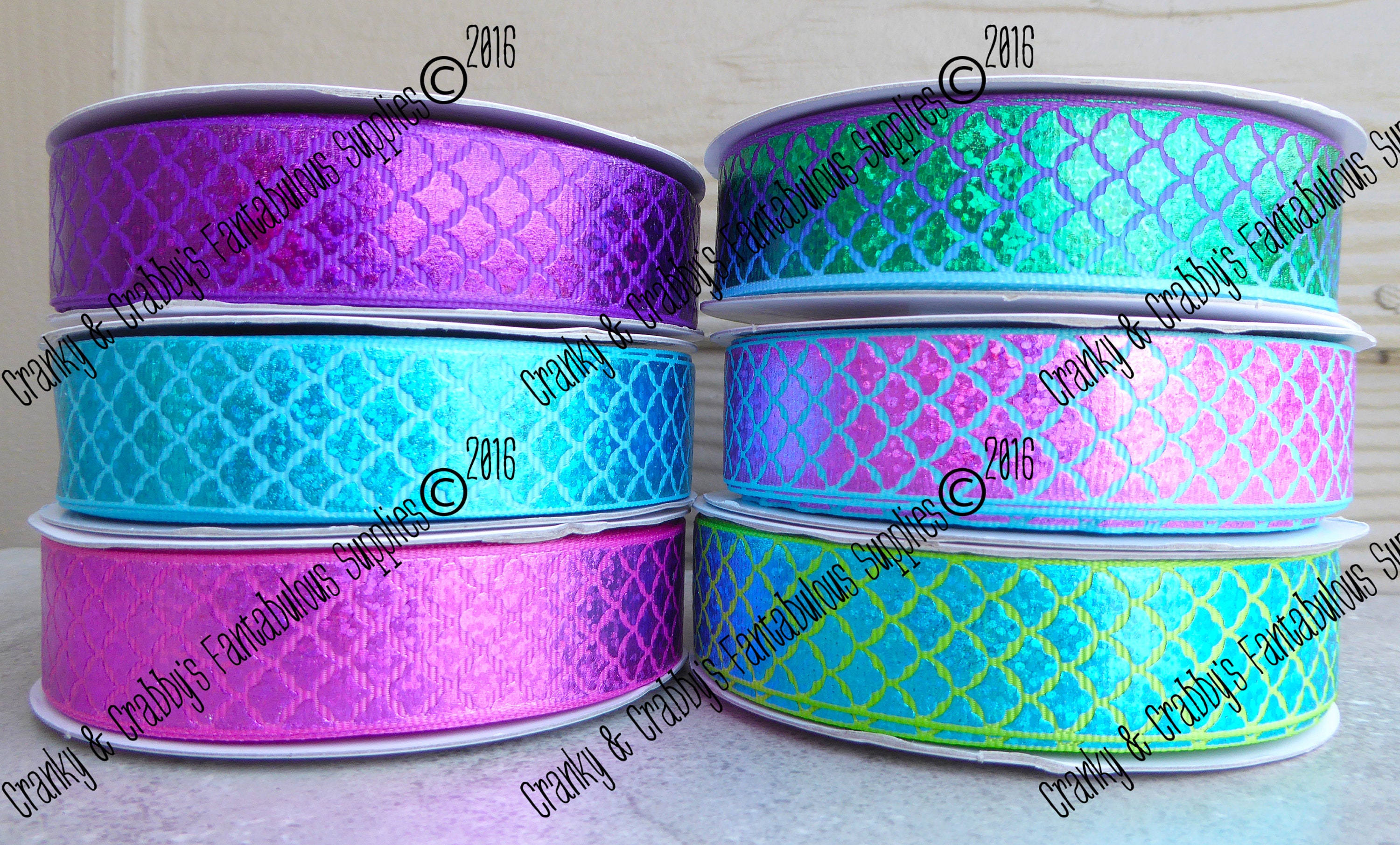7/8 Foil Mermaid Scales US Designer Printed Ribbon 1yd, 3yd or 5