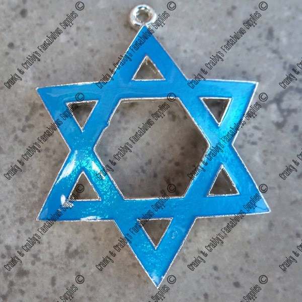 Star of David Blue Enameled Pendant -  50mm x 39mm - Hanukkah, Blue, Crystal