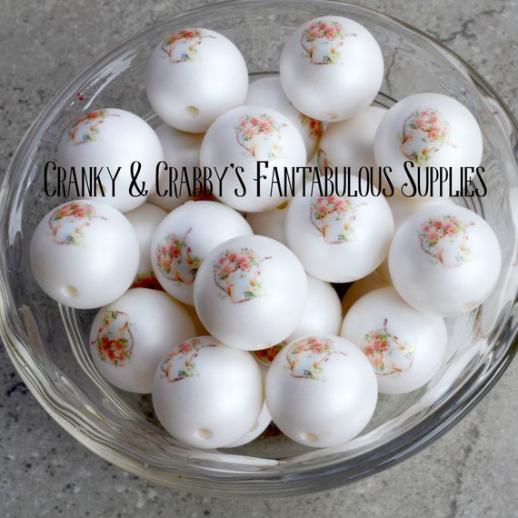 CLEARANCE 20mm Floral Watering Can Print on Matte Pearl Beads   - Set of 10 - Boho, Country