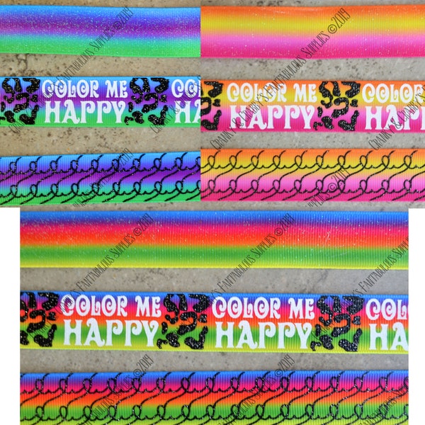 7/8"  Color Me Happy  - US Designer Printed Ribbon - 1yd - Rainbow - 1980's Style