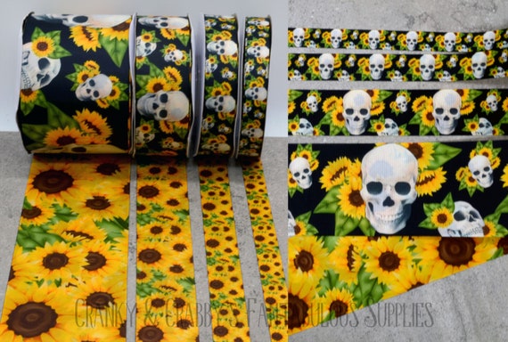 Skulls & Sunflowers - US Designer Printed Ribbon - 1yd - 7/8