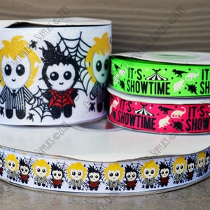 Beetle Screen Print Ribbon - 3 widths 7/8 inch, 1.5&quot; or 3&quot; - US Designer Printed Ribbon - 1yd - Halloween - Never Trust the Living