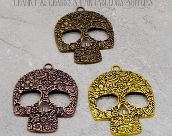 Large Floral Patterned Sugar Skull Pendant - Choice of 3 Colors -  Chunky Necklaces - 60mm x 46mm