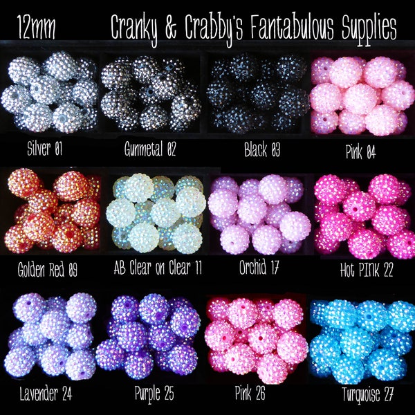 Petites perles de 12 mm en résine avec strass, lot de 20 - 38 couleurs au choix - Perle focale