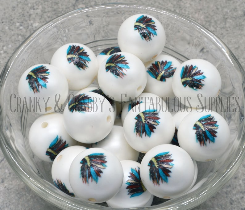 I 20mm Western Native American Headdress Printed Pearl - Chunky Necklaces - Set of 10 -