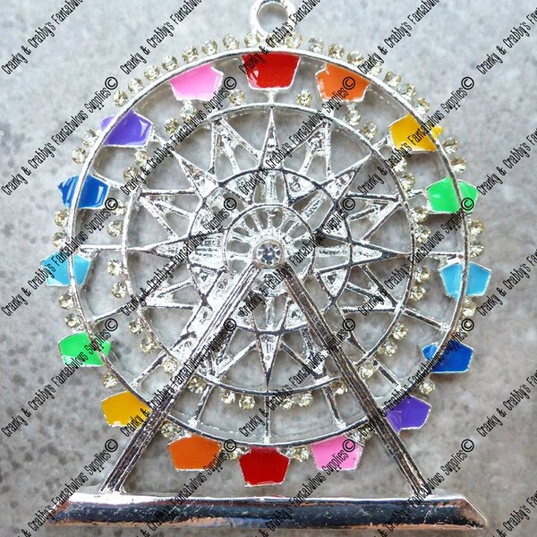 Ferris Wheel Pendant - Enamel with Rhinestones -  Chunky Necklaces - 56mm x 47mm Silver Colored Enamel On Silver