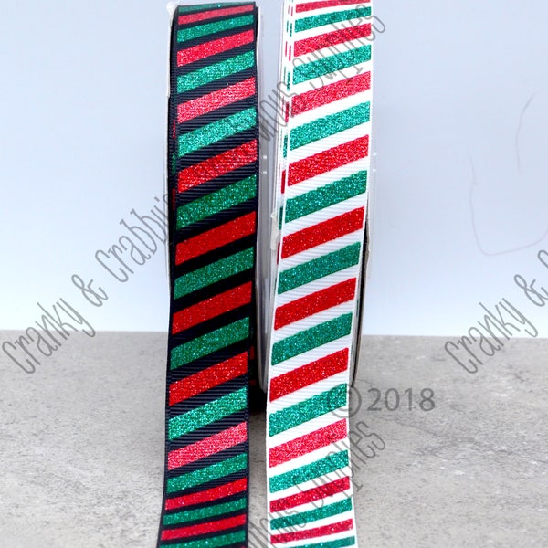 7/8" Red & Green Glitter Stripe on Black or White  - US Designer Ribbon - Christmas - 1 yd