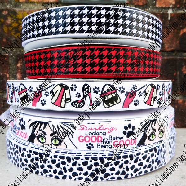 7/8" Cruella Inspired  - US Designer Printed Ribbon - 1yd - Looking Good is Better Than Being Good  Hounds tooth