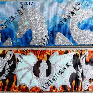 x  Dragon Fire & Ice  - Gothic - Silver Glitter  - US Designer Printed Ribbon - Flames or Ice - 7/8 inch or 1.5 inch - 1yd