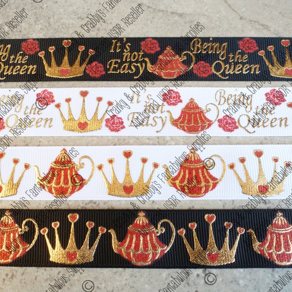 7/8" WHITE Queen of Hearts - Teapot Prints   -  - US Designer Printed Ribbon - 1yd - Alice inspired - gold foil - Black is Sold Out