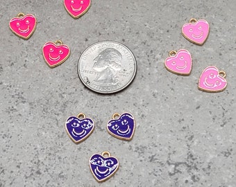 Conjunto de dijes de 3 corazones sonrientes - 13mm x 12mm - Esmalte - Amor, San Valentín, Rosa, Rosa intenso, Púrpura
