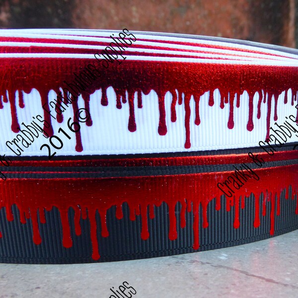 ALMOST GONE - 7/8" Foil Blood Drips  - Red Foil  White  - US Designer Printed Ribbon - 1yd     Horror Movie, Blood Splatter, Slasher