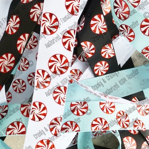 ALMOST GONE - 7/8&quot; Foil Peppermint Princess  - Candies on Black  - US Designer Printed Ribbon - 1yd  - Red  foil - Starlight mint