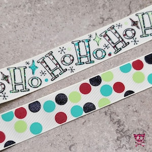 7/8&quot; Retro Christmas    Ho Ho Ho or Coordinating Dots  - US Designer Printed Ribbon - 1yd - Christmas -Vintage - Holiday
