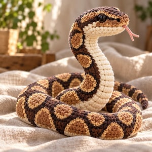 May include: A crocheted snake toy featuring a coiled body with a pattern of dark brown and tan patches. The underside is a light cream color, and the head has black plastic eyes and a small pink yarn tongue protruding from the mouth.