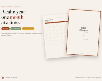 2027 Planner Printable, 2027 Monthly Calendar, Yearly Planner, Goal Planner, Habit Tracker, Monday or Sunday Start, A4 US Letter