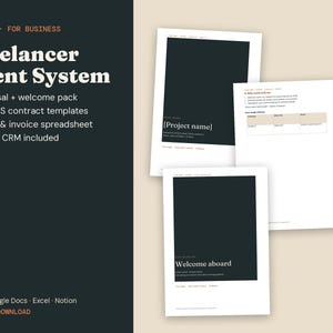 Sistema de gestión de clientes freelance, plantilla de propuesta, paquete de bienvenida para clientes, plantilla de contrato freelance (Reino Unido/EE. UU.), hoja de cálculo de facturación, Notion CRM.
