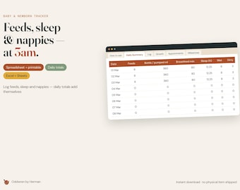 Baby Tracker Spreadsheet, Newborn Feeding Log, Sleep Tracker, Nappy Diaper Log, Baby Log Printable, New Mum Gift, Google Sheets Excel