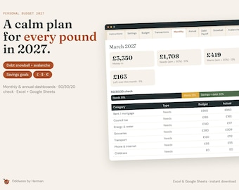 Budget Spreadsheet 2027, Debt Snowball Avalanche, Savings Goal Tracker, Monthly Budget Planner, Excel Google Sheets, UK US EU Currency